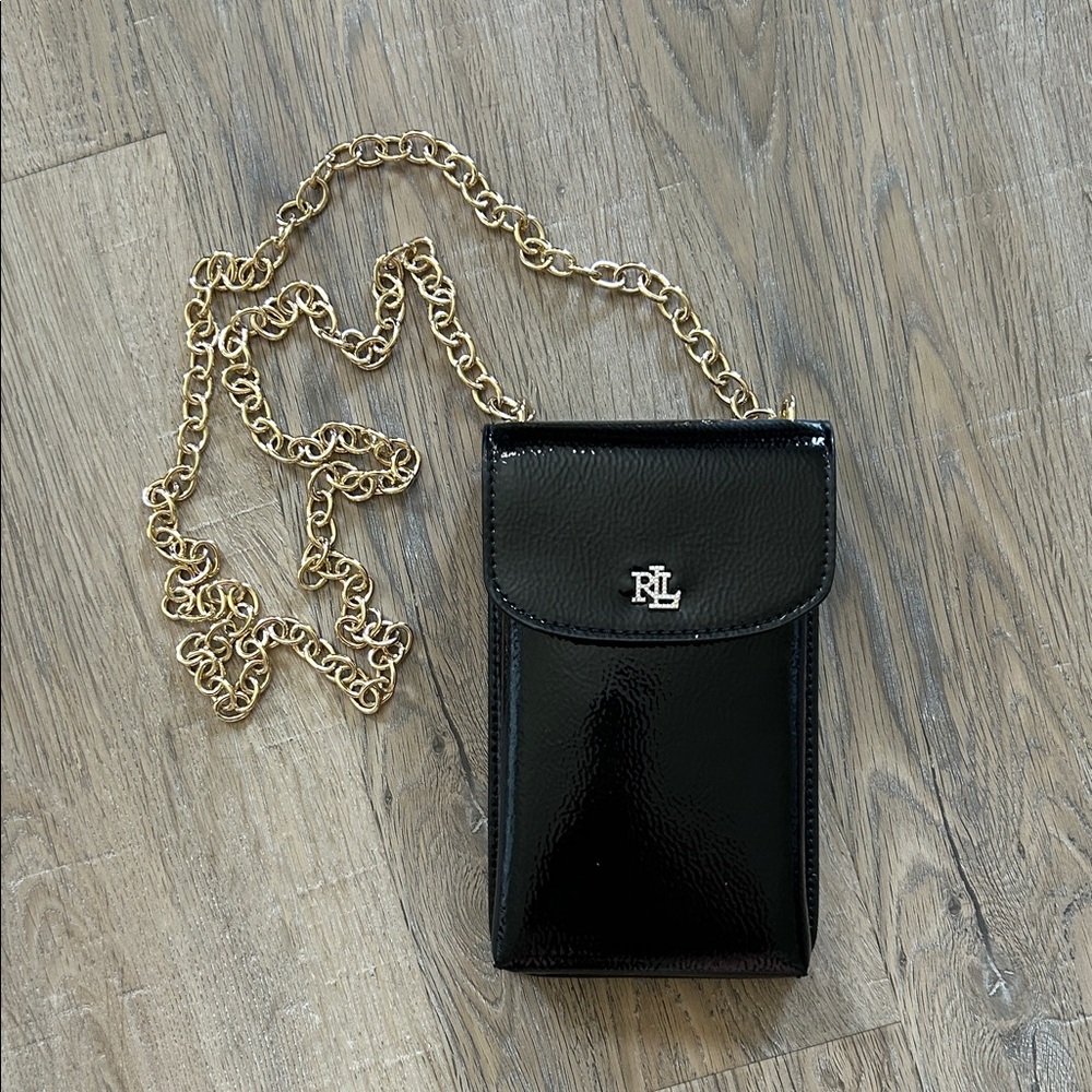 Ralph Lauren Black Faux-Patent Leather Bag with Gold Chain